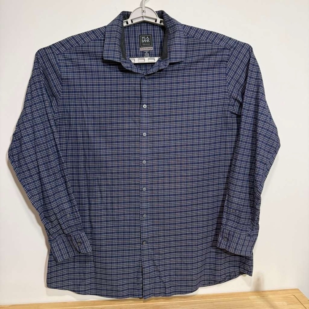 Jos A Bank Traveler TravelTech Shirt Mens 2XLT Blue Plaid 37.5 Stretch Tailored